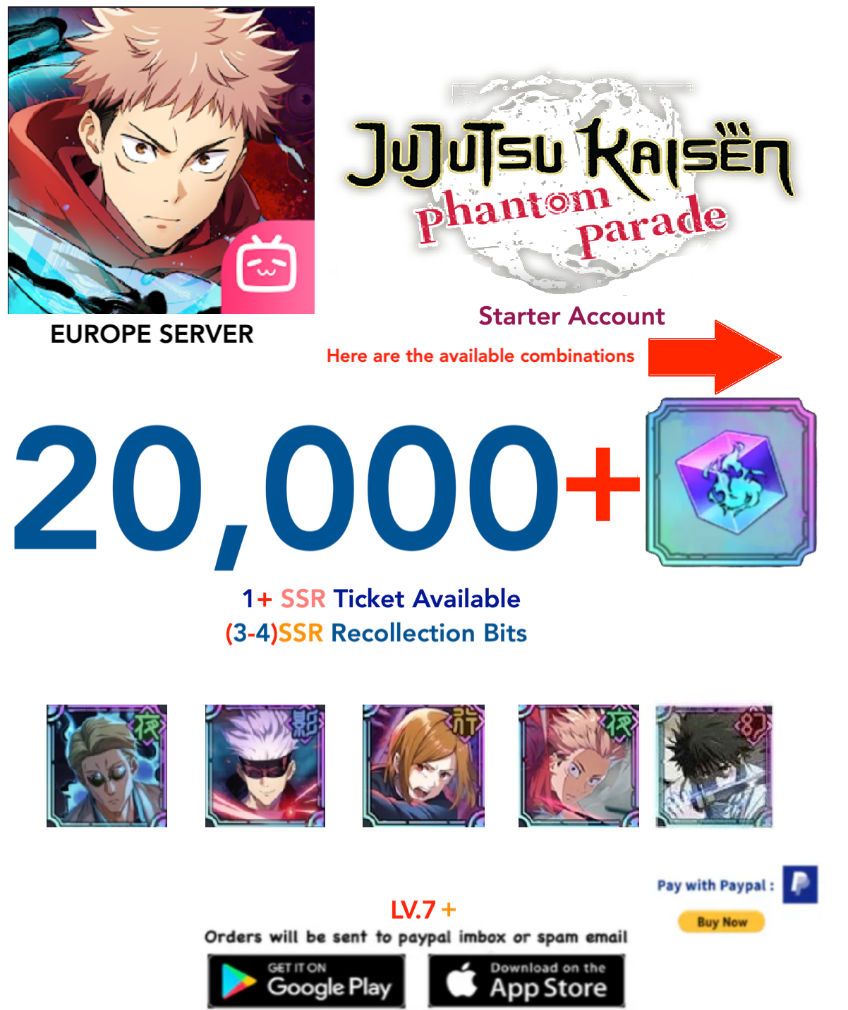(Europe Server)Selectable Characters -- Jujutsu Kaisen: Phantom Parade Reroll Starter Account