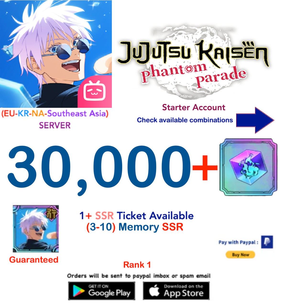 (NA-EU-SEA Server) 30.000 Gems (The Strongest Blue) Satoru Gojo (Teen) Jujutsu Kaisen: Phantom Parade Reroll Starter Account