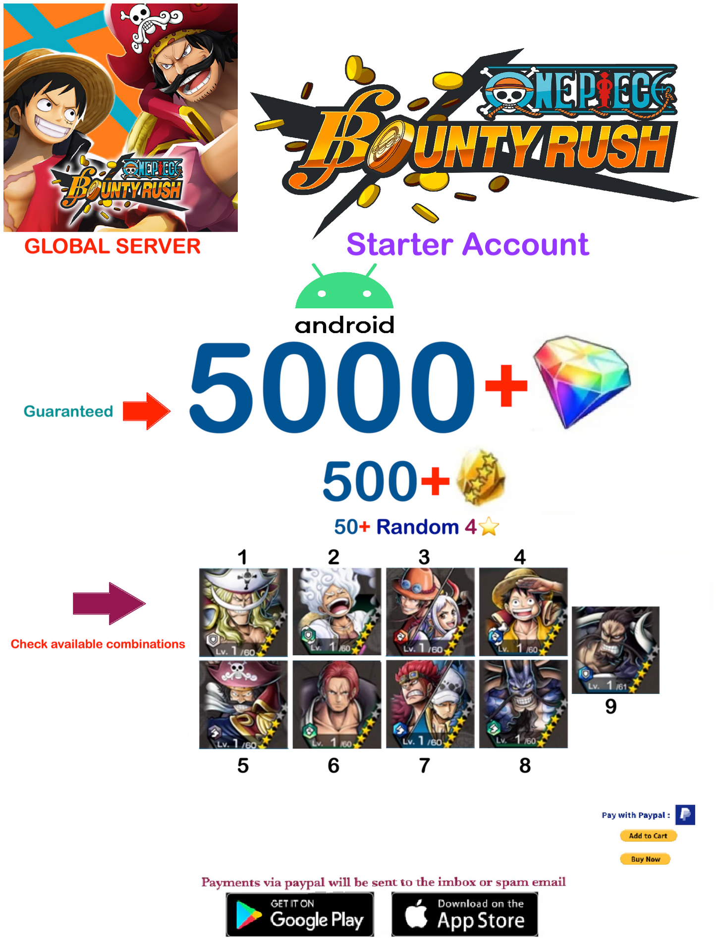 (Global Server-Only Android) Multiple combinations One Piece Bounty Rush Account