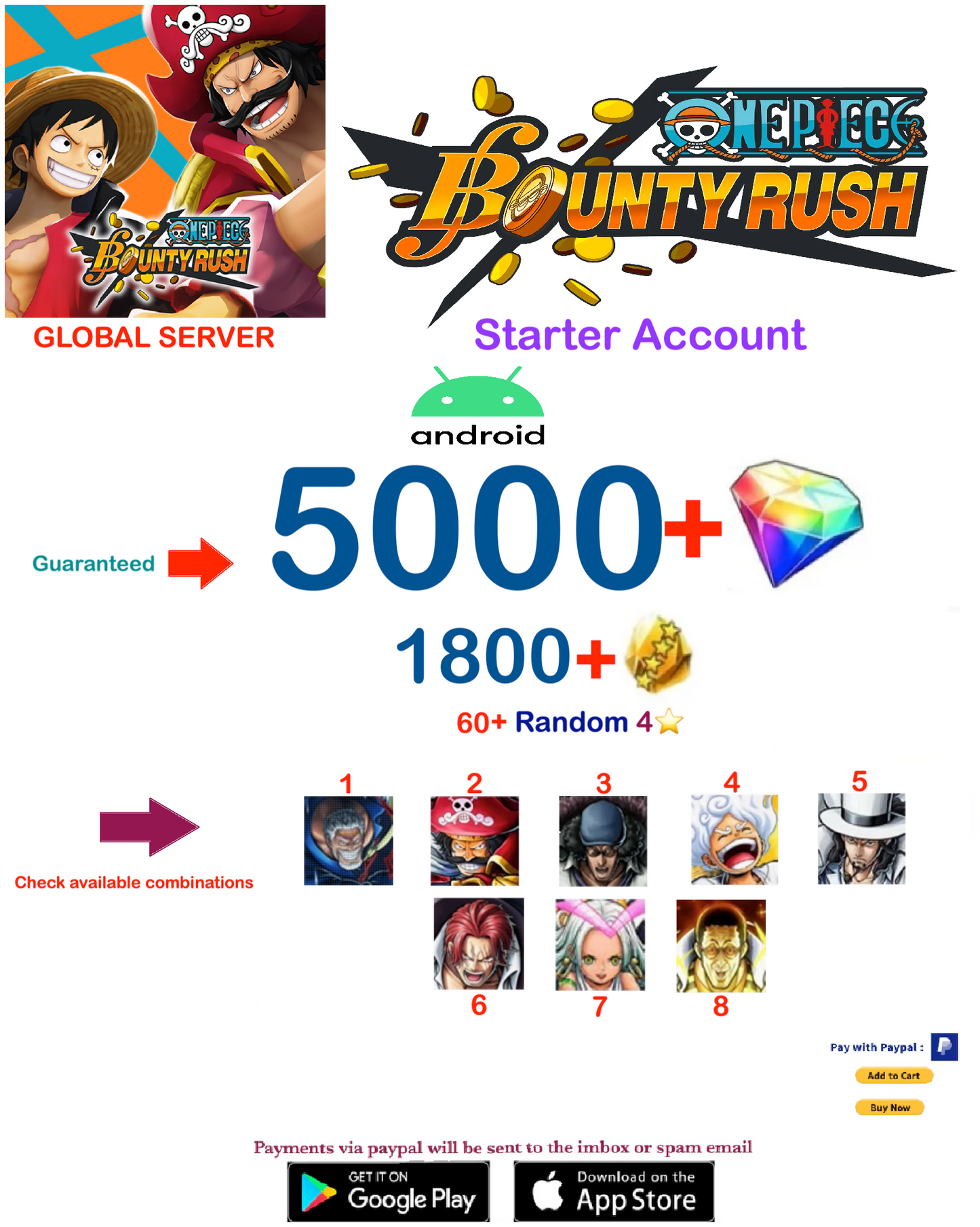 (Global Server-Only Android) Multiple combinations One Piece Bounty Rush Account v1