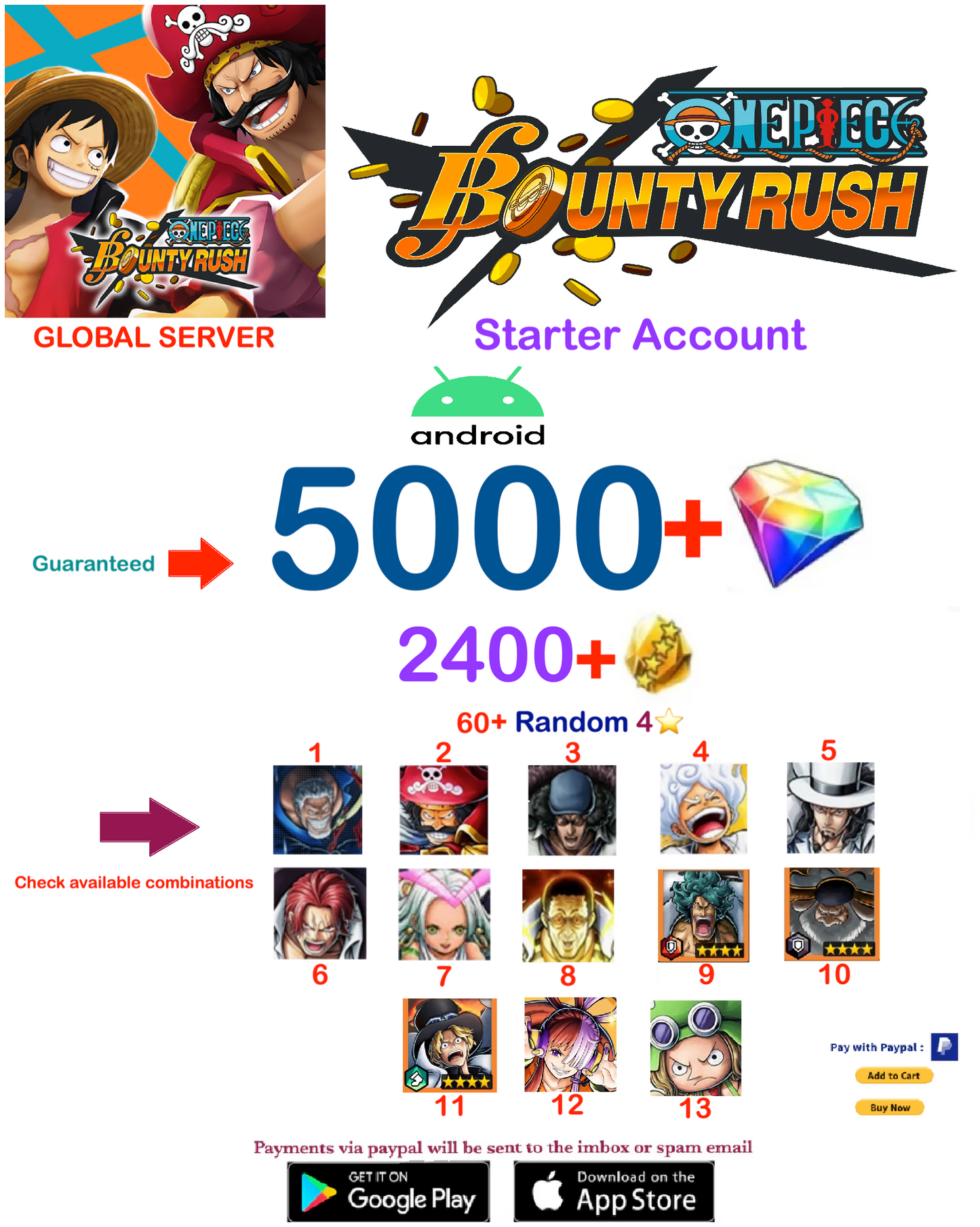 (Global Server-Only Android) Multiple combinations One Piece Bounty Rush Account v1