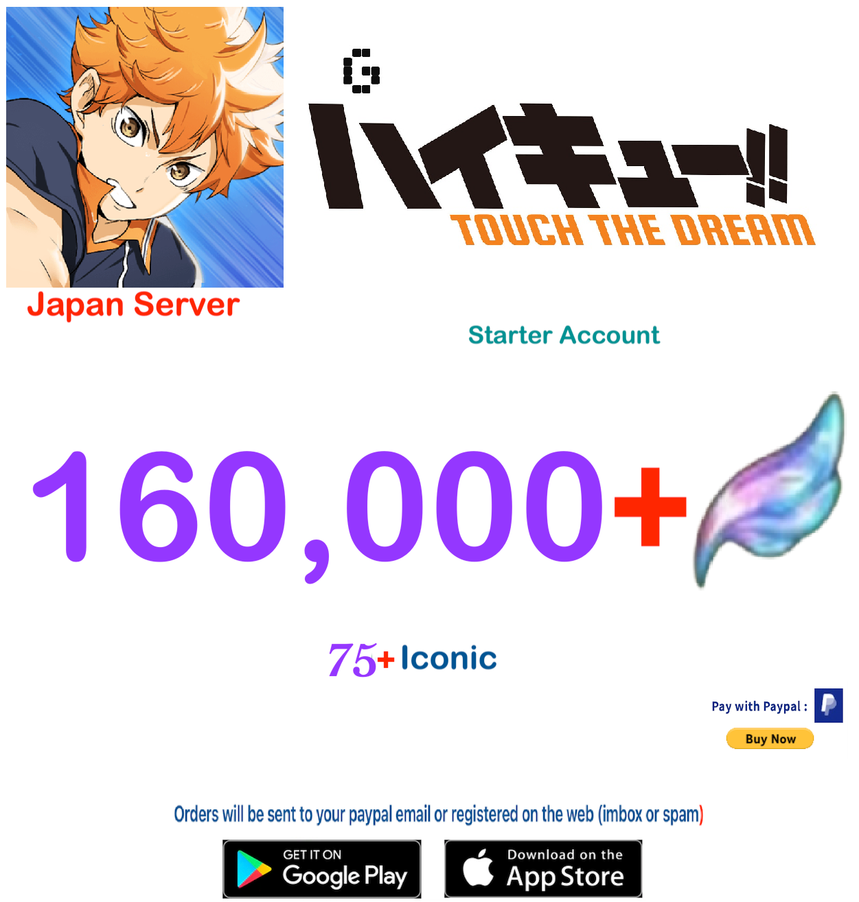 (Japan Server) 160,000 Gems + HAIKYU!! TOUCH THE DREAM Starter Account