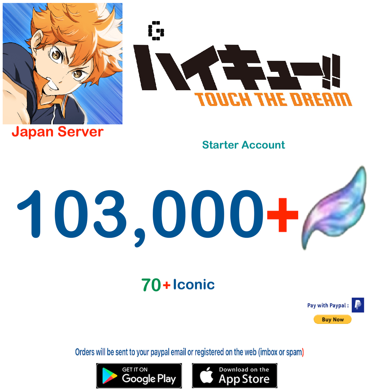 (Japan Server) 103,000 Gems + HAIKYU!! TOUCH THE DREAM Starter Account