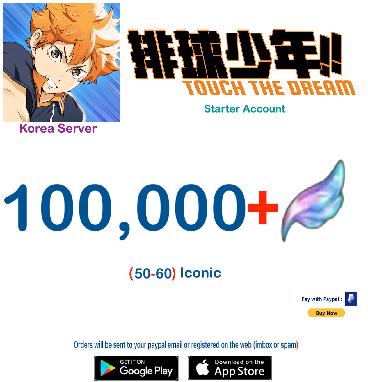 (Korea Server) 100,000 Gems + HAIKYU!! TOUCH THE DREAM Starter Account