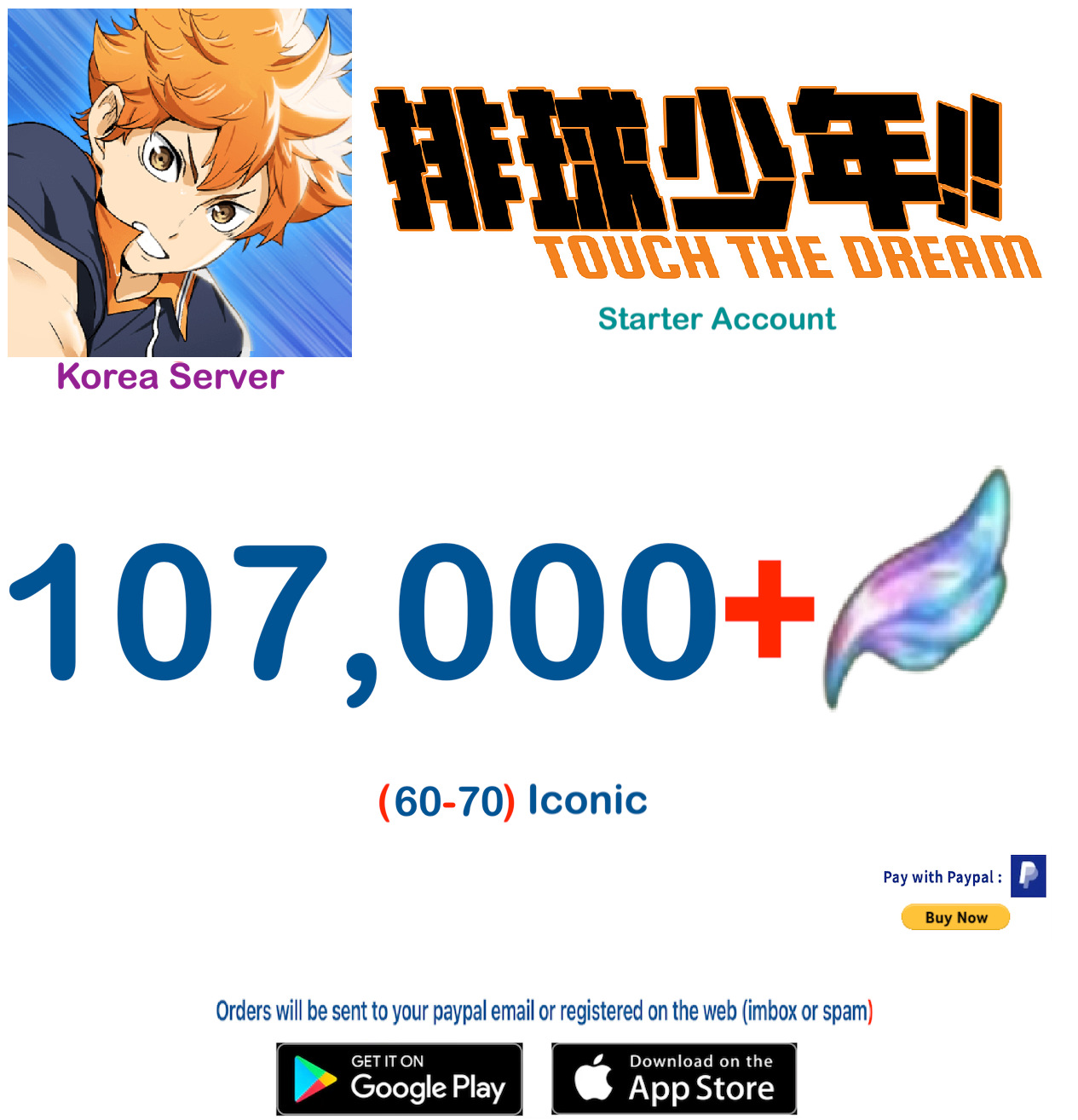 (Korea Server) 107,000 Gems + HAIKYU!! TOUCH THE DREAM Starter Account