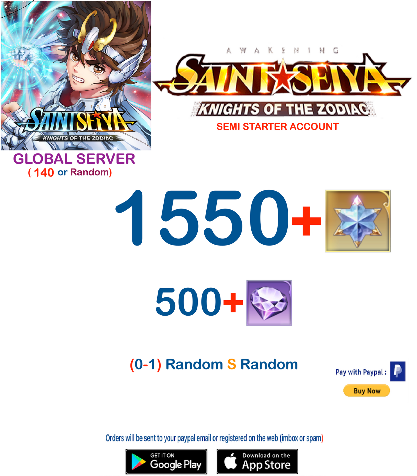 (Global Server) 1550 Advanced Gems Saint Seiya Awakening KOTZ Semi Starter Account A140