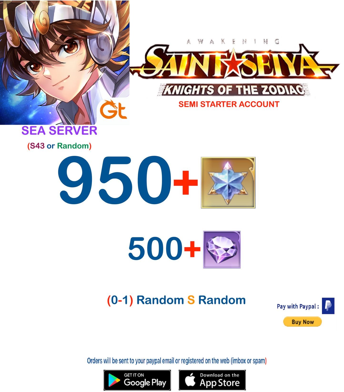 (Sea Server) 950 Advanced Gems Saint Seiya Awakening KOTZ Semi Starter Account