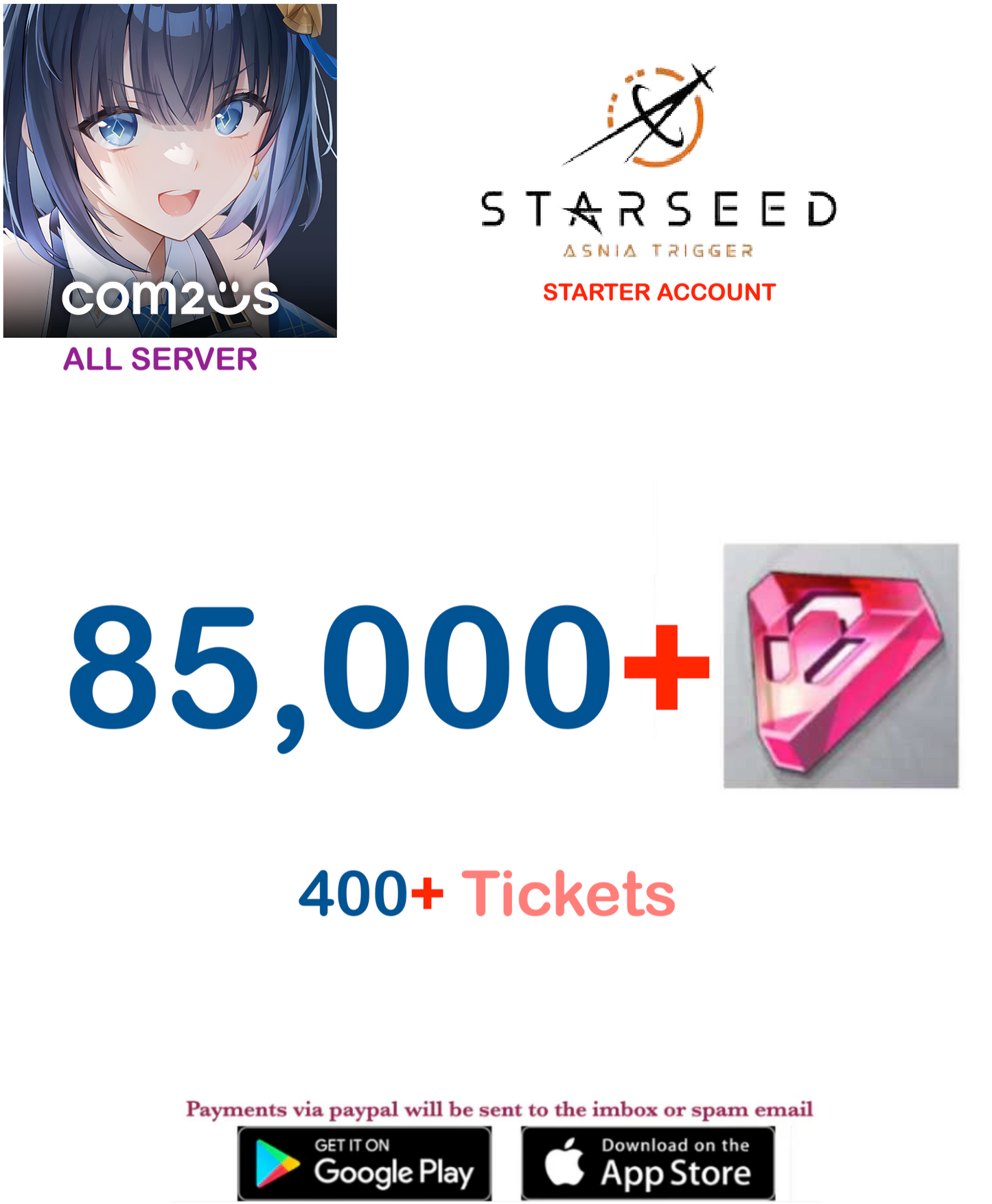 (All Server) 85,000 Diamonds STARSEED: Asnia Trigger