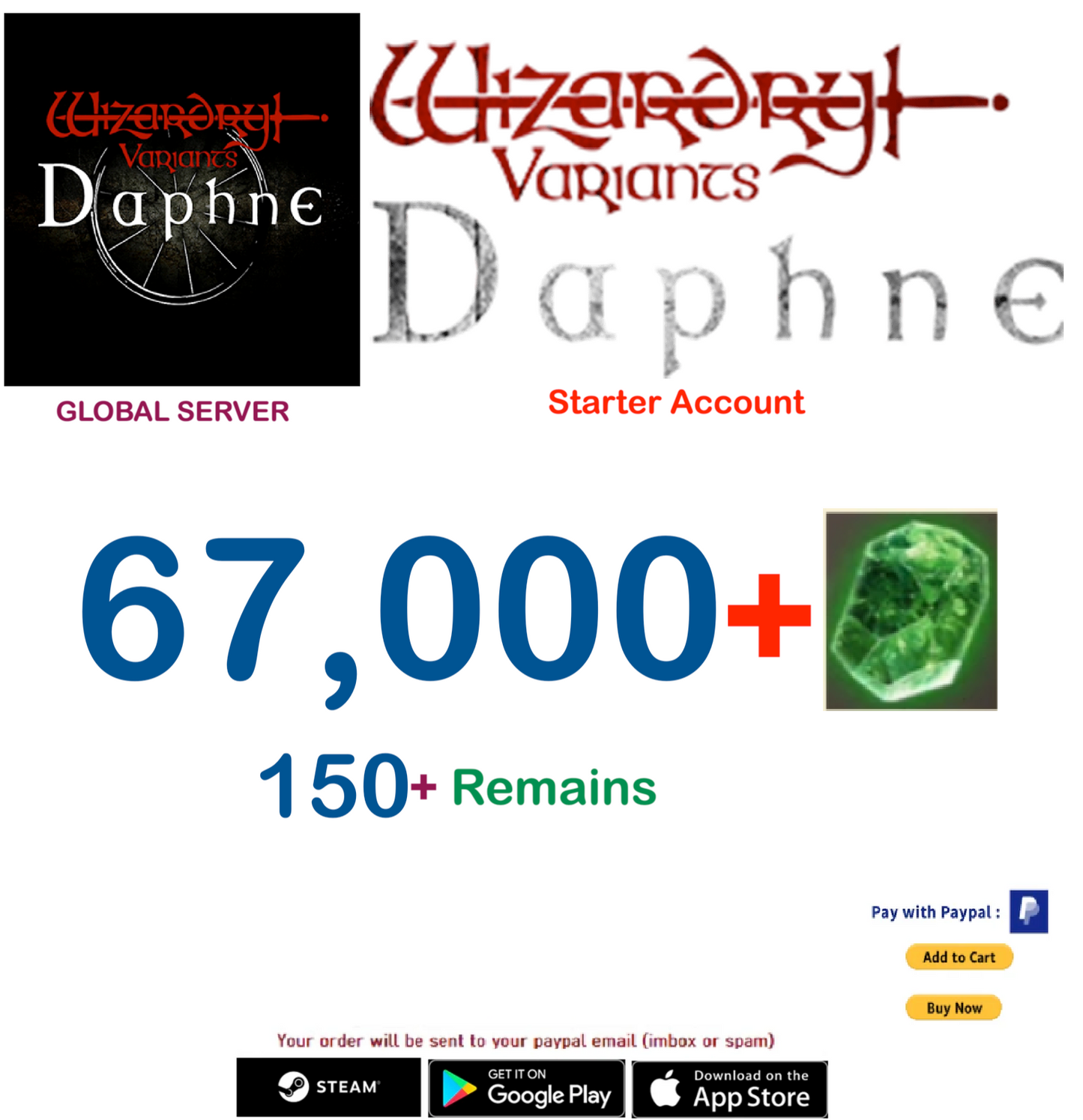 (Global Server)(INSTANT DELIVERY) 67.000 Gems Wizardry Variants Daphne Starter Account