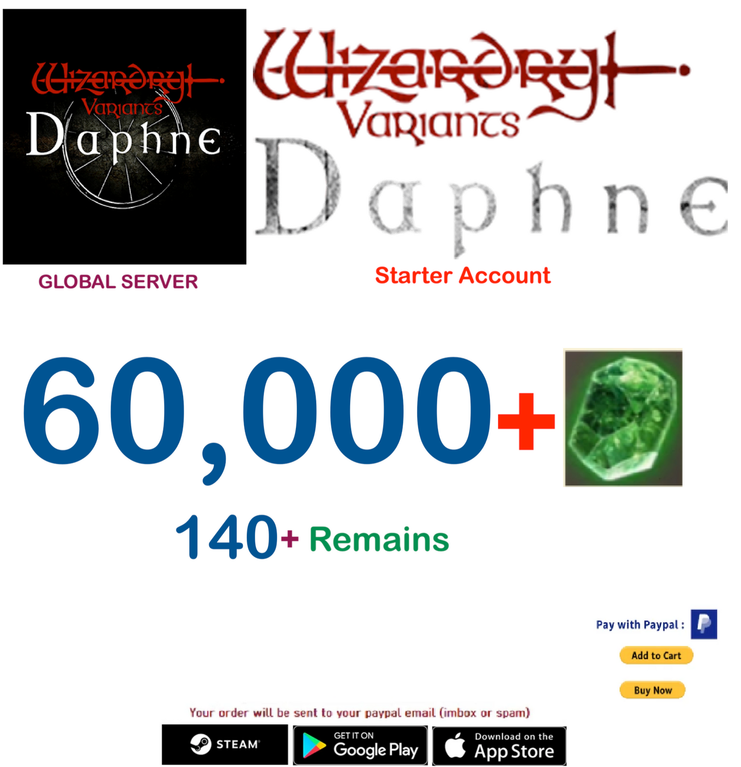 (Global Server)(INSTANT DELIVERY) 60.000 Gems Wizardry Variants Daphne Starter Account