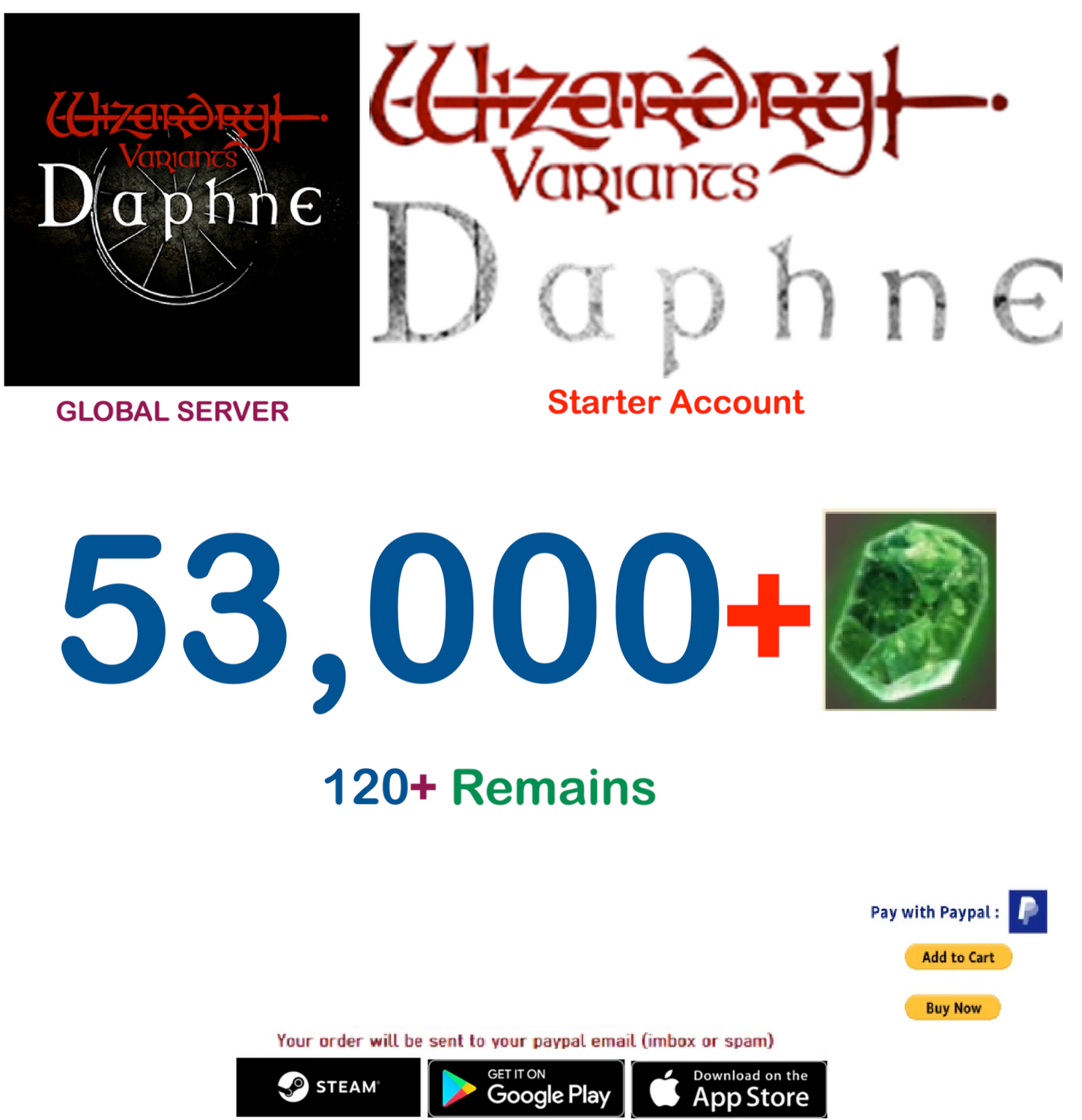 (Global Server)(INSTANT DELIVERY) 53.000 Gems Wizardry Variants Daphne Starter Account