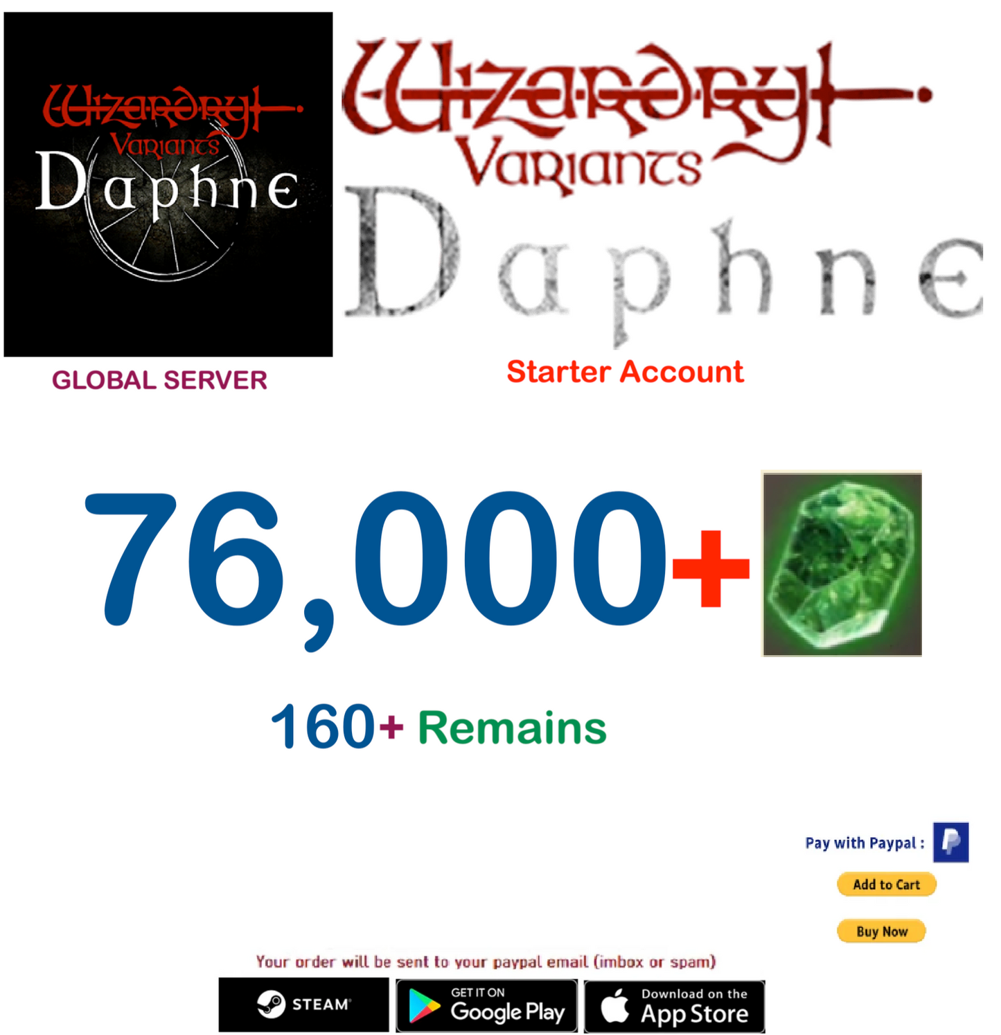 (Global Server)(INSTANT DELIVERY) 76.000 Gems Wizardry Variants Daphne Starter Account
