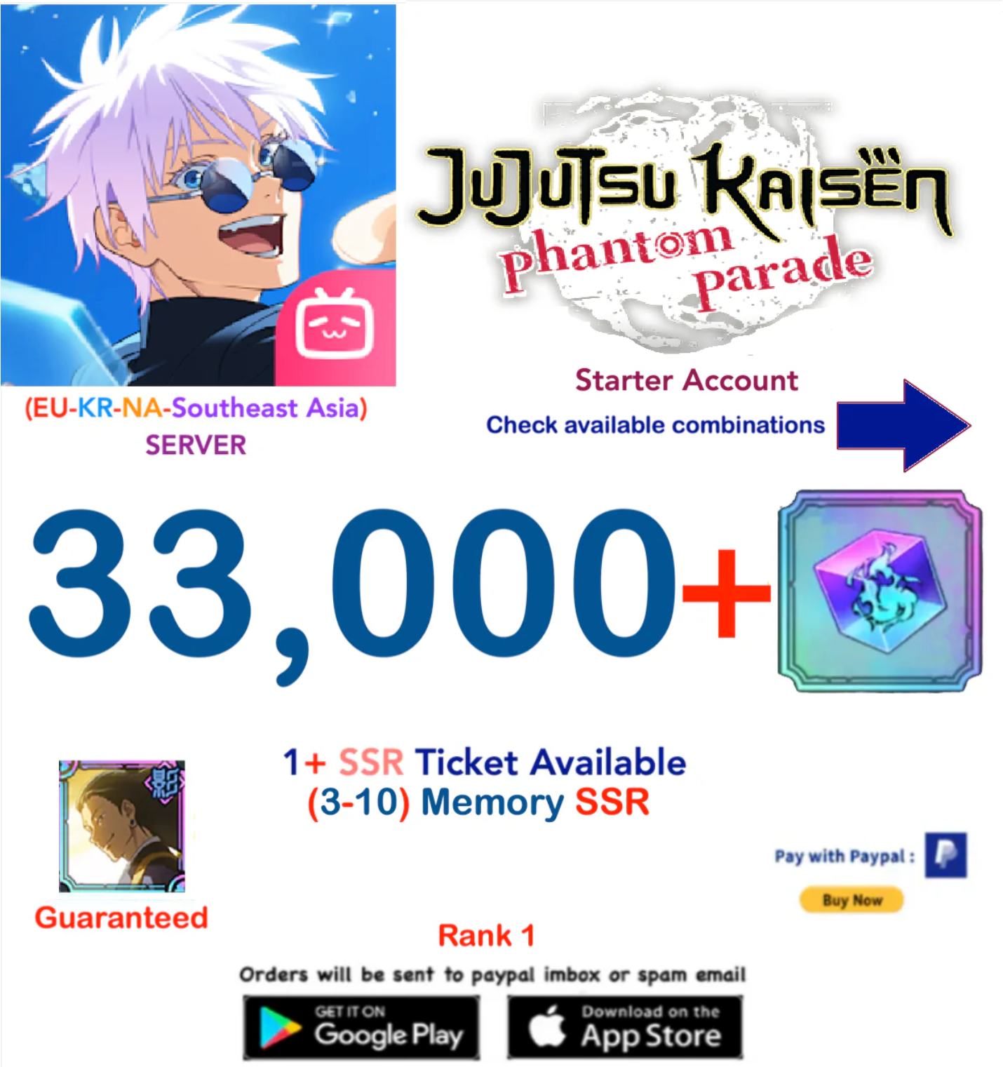 (NA-EU-KR-SA Server) 33.000 Gems Jujutsu Kaisen: Phantom Parade Reroll Starter Account