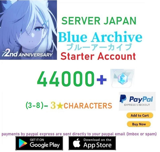 ⭐JAPAN SERVER⭐44000+ Gems, (4-6)+ 3⭐ Blue Archive Starter Reroll Account