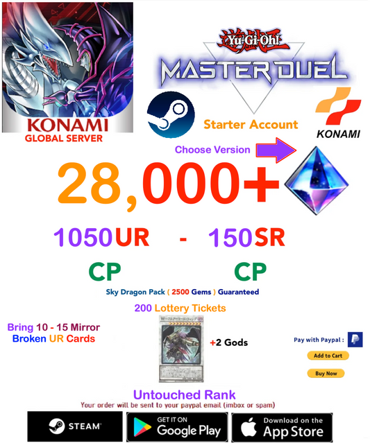 [SERVER GLOBAL/KONAMI-STEAM VERSION]  28,000- 35,000+ Gems 1050UR-150SR CP Yu-Gi-Oh! Master Duel Starter Reroll Account