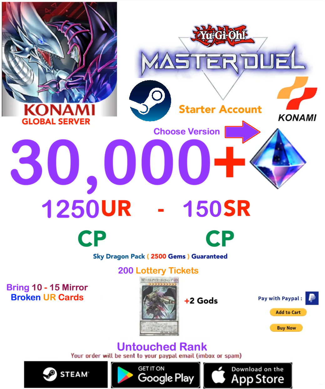 [SERVER GLOBAL/KONAMI-STEAM VERSION]  30,000- 35,000+ Gems 1050UR-150SR CP Yu-Gi-Oh! Master Duel Starter Reroll Account