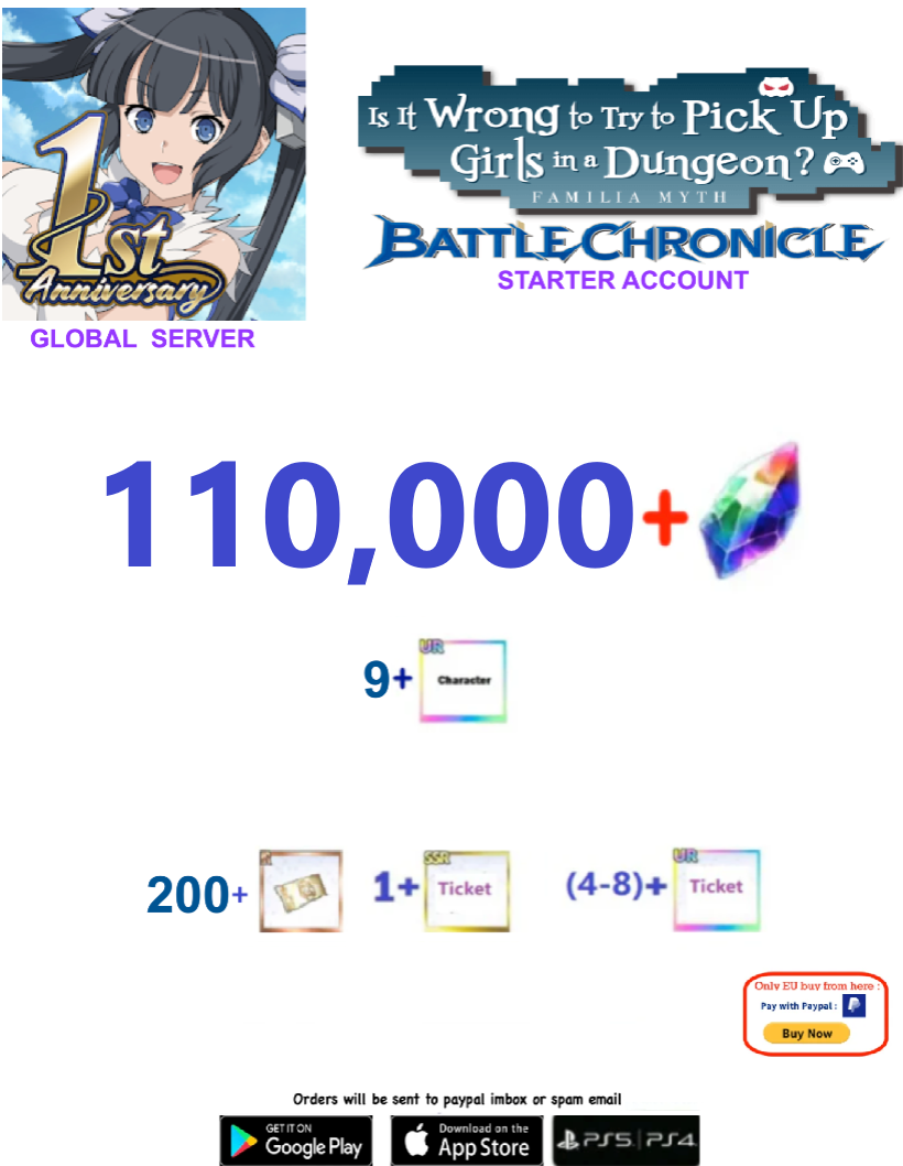 [Global  Server] 110,000 + Gems  DanMachi BATTLE CHRONICLE  Starter Reroll Account