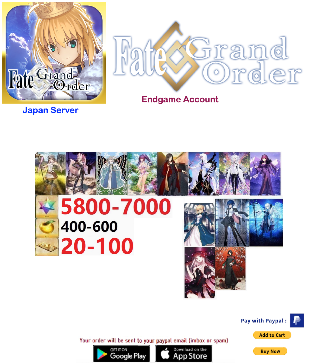 [JAPAN SERVER] Custom  5800-7000 SQ Fate Grand Order FGO Endgame Account