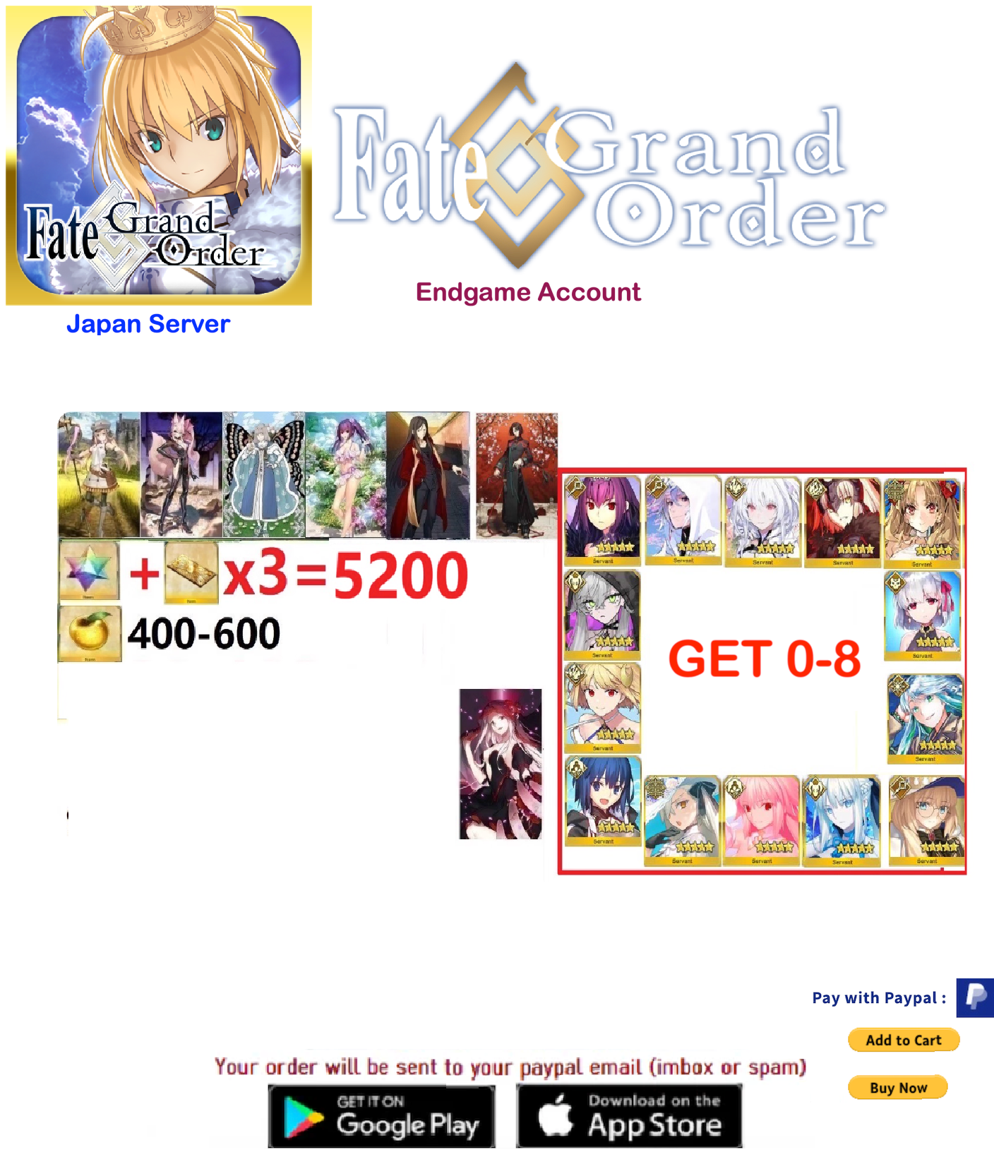 [JAPAN SERVER// CELL PHONE ONLY - NO EMULATOR!] Get 0-9 ssr Random(not counting the supports)-  5200-6000 SQ Fate Grand Order FGO Endgame Reroll Account(includes 5$ of paid sq)