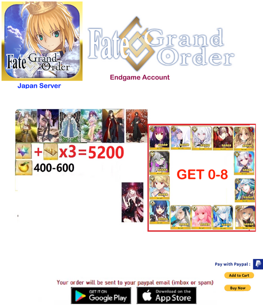 [JAPAN SERVER// CELL PHONE ONLY - NO EMULATOR!] Get 0-9 ssr Random(not counting the supports)-  5200-6000 SQ Fate Grand Order FGO Endgame Reroll Account(includes 5$ of paid sq)