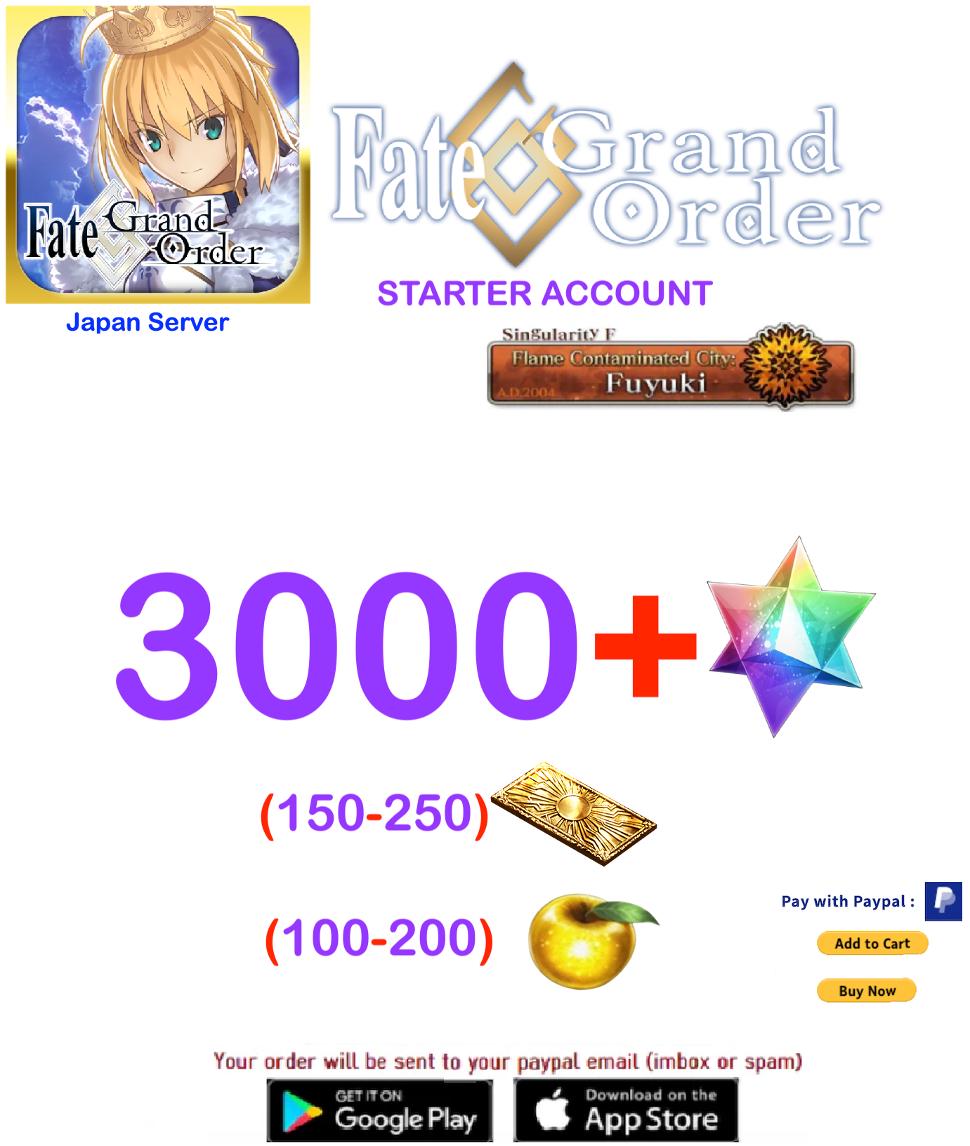 [JAPAN SERVER]  3000+ SQ Fate Grand Order FGO Quartz Starter Reroll