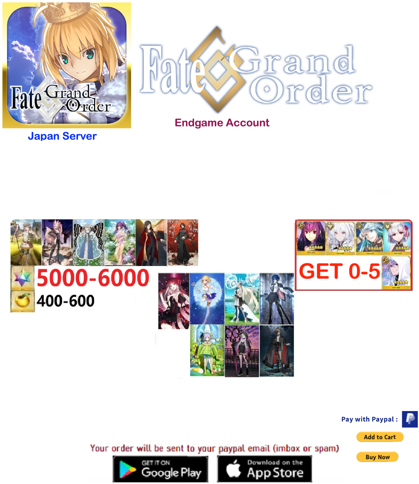 [JP Server] 5000 + SQ Fate Grand Order FGO Quartz Endgame Account v38