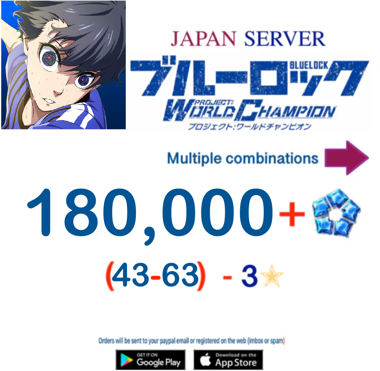 [Japan Server] 180,000+Gems  BLUE LOCK Project: World Champion  Reroll Starter Account