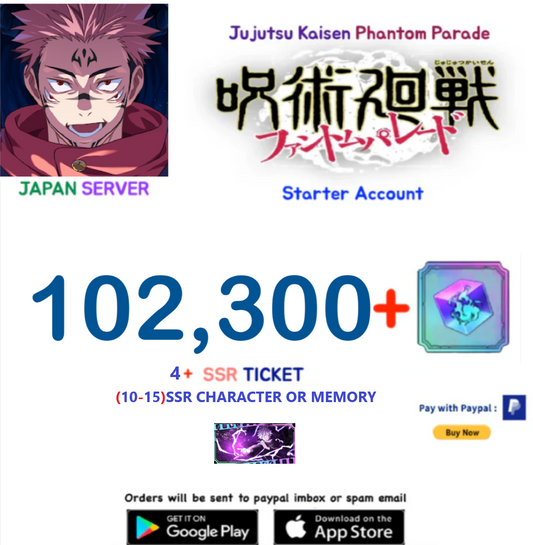 (Japan Server)  102,300  Gems  Jujutsu Kaisen: Phantom Parade Reroll Starter Account