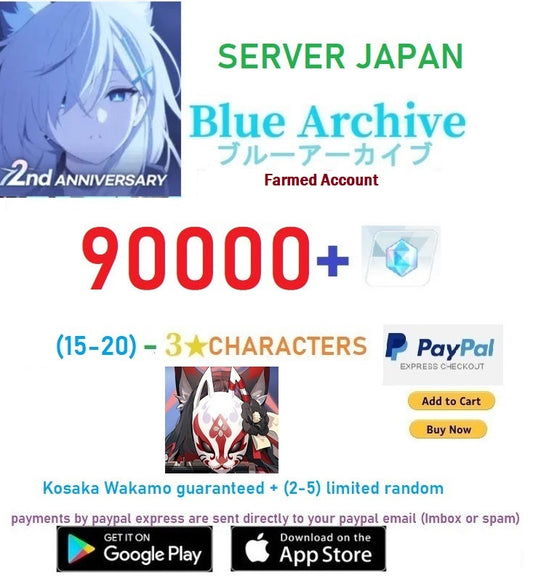 āJAPAN SERVERā90000+ Gems, (15-20)- Koasaka Wakamo+ 3ā Blue Archive Farmed Reroll Account
