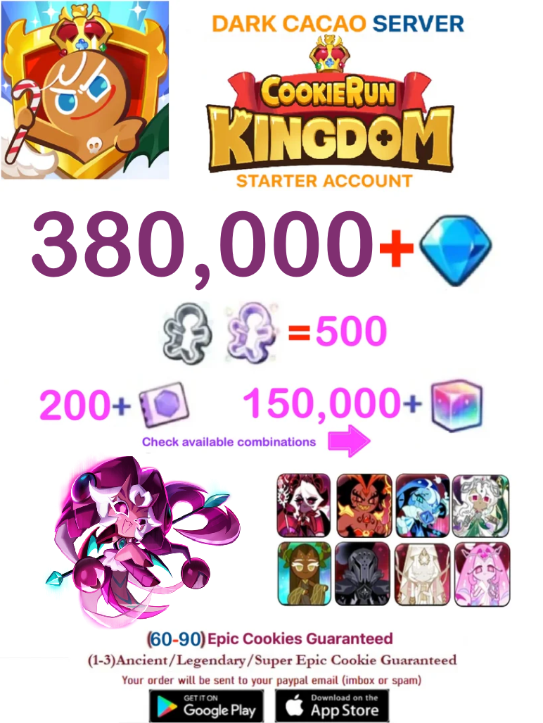 [GLOBAL/DARK CACAO][INSTANT DELIVERY] 380,000+Gems +Lychee Dragon Cookie  / Cookie Run: Kingdom Starter Reroll Account