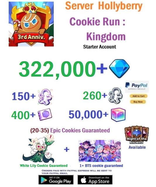 [GLOBAL/Hollyberry] 322,000+Gems  + White Lily Cookie + 1 or more BTS Cookie - Cookie Run: Kingdom Starter Reroll Account