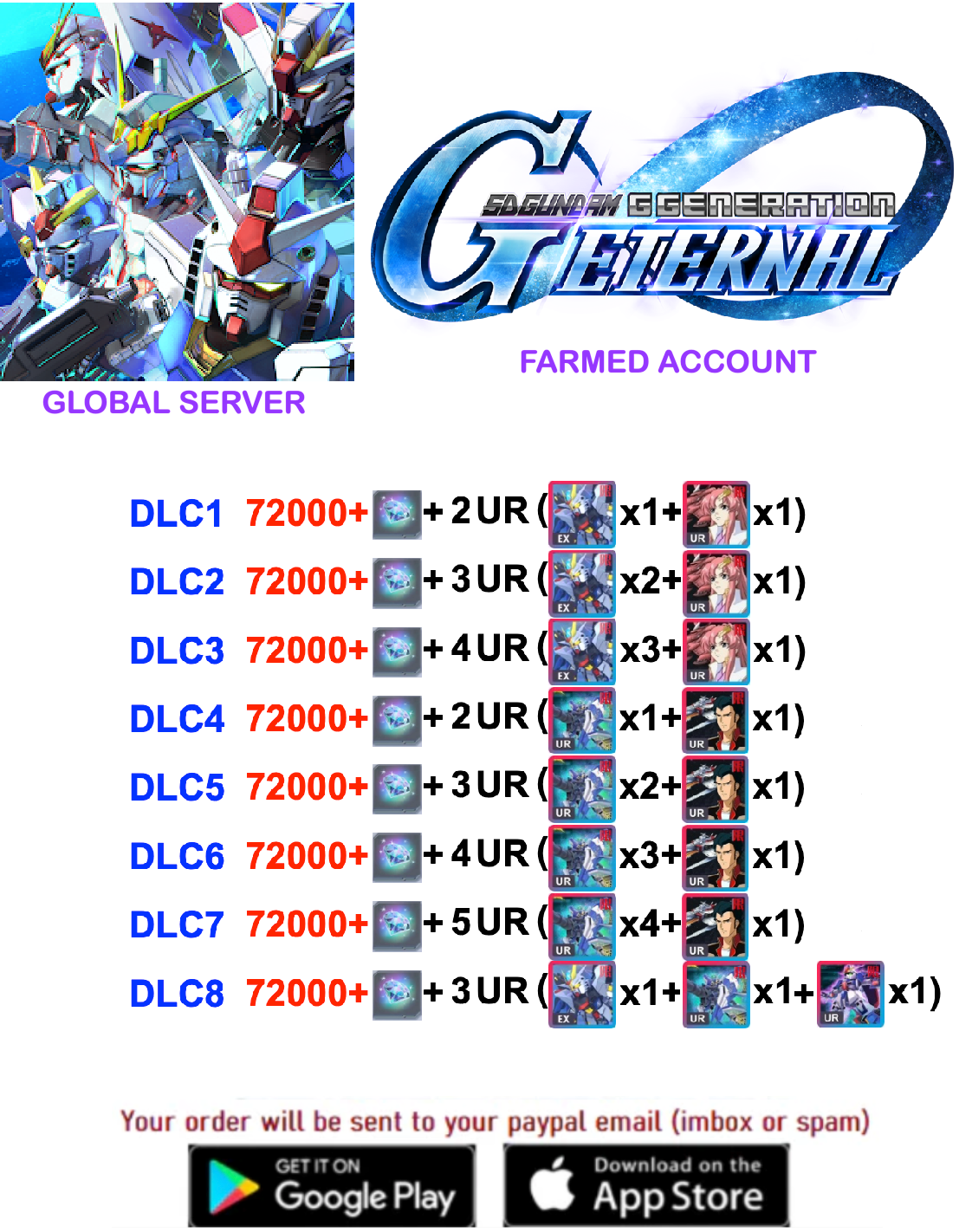 [GLOBAL SERVER] Multiple Combinations Gundam G Generation ETERNAL Farmed  Account v1