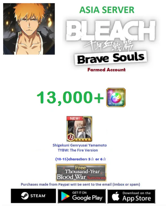 (Asia Server)  13.000 + Gems  Bleach: Brave Souls  Farmed Account