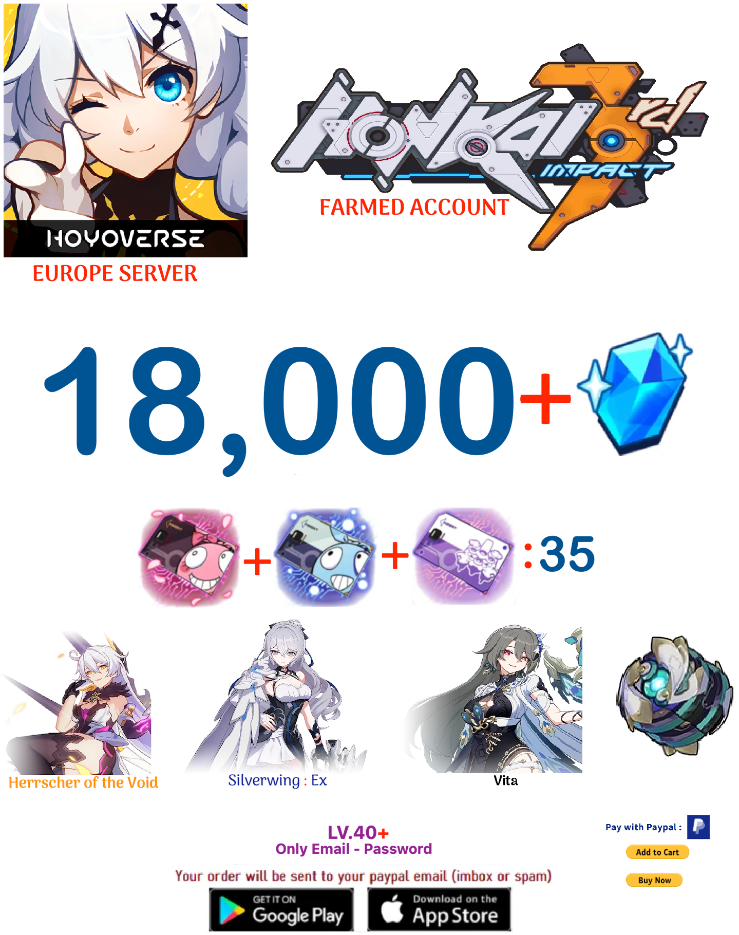 ⭐ Europe Server⭐ Instant Delivery⭐  18,000 Crystals  35 + Supply Cards Honkai Impact 3rd Farmed Account