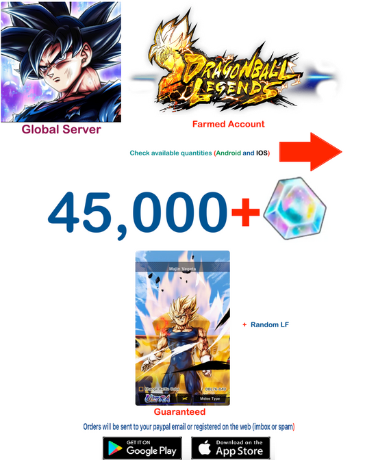 (Global Server)(Android-IOS VERSION) Majin Vegeta  (38k - 45k )+ Crystal   Dragon Ball Legends Farmed Account