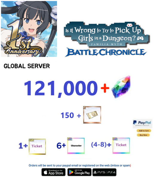 [Global  Server] 121,000 + Gems  DanMachi BATTLE CHRONICLE  Starter Reroll Account