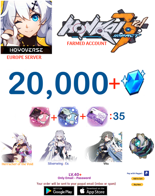 ⭐ Europe Server⭐ Instant Delivery⭐  20,000 Crystals  35 + Supply Cards Honkai Impact 3rd Farmed Account