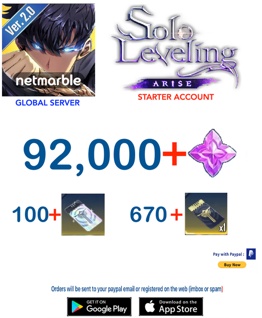 (Global Server) 92,000 + Gems - 670+ Tickets  Solo Leveling:ARISE Reroll Starter Account