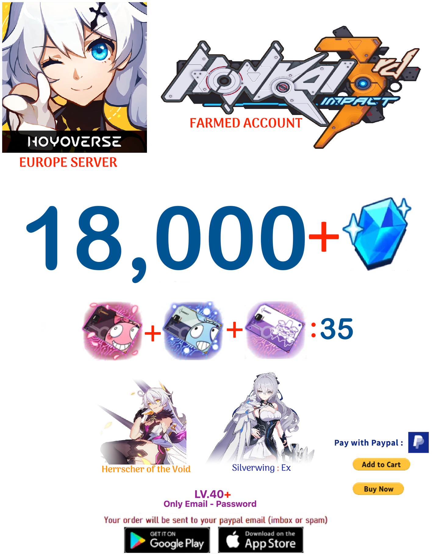 ⭐ Europe Server⭐ Instant Delivery⭐  18,000 Crystals  35 + Supply Cards Honkai Impact 3rd Farmed Account