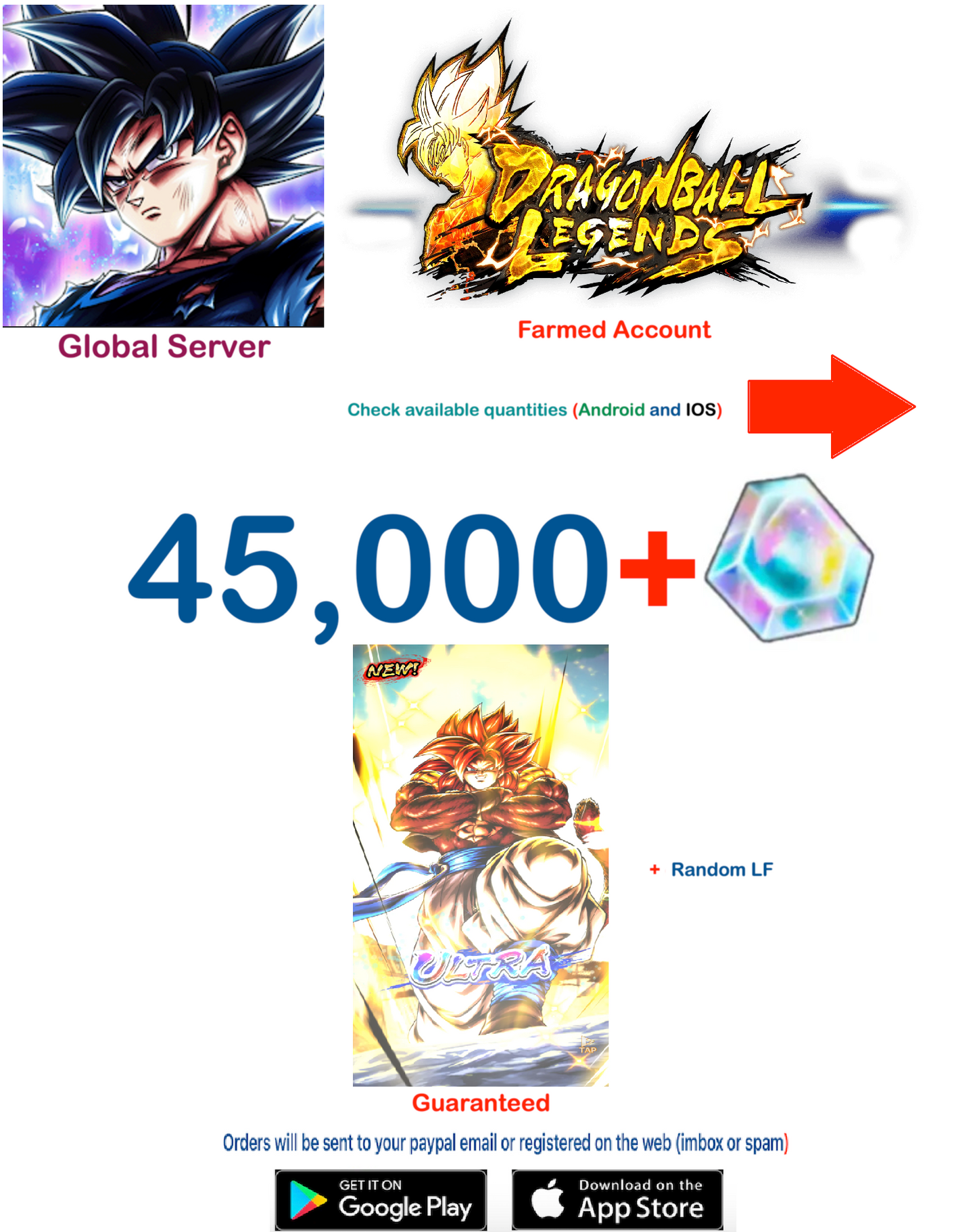 (Global Server)(Android-IOS VERSION) Super Saiyan 4 Gogeta  (38k - 45k)+ Crystal   Dragon Ball Legends Farmed Account