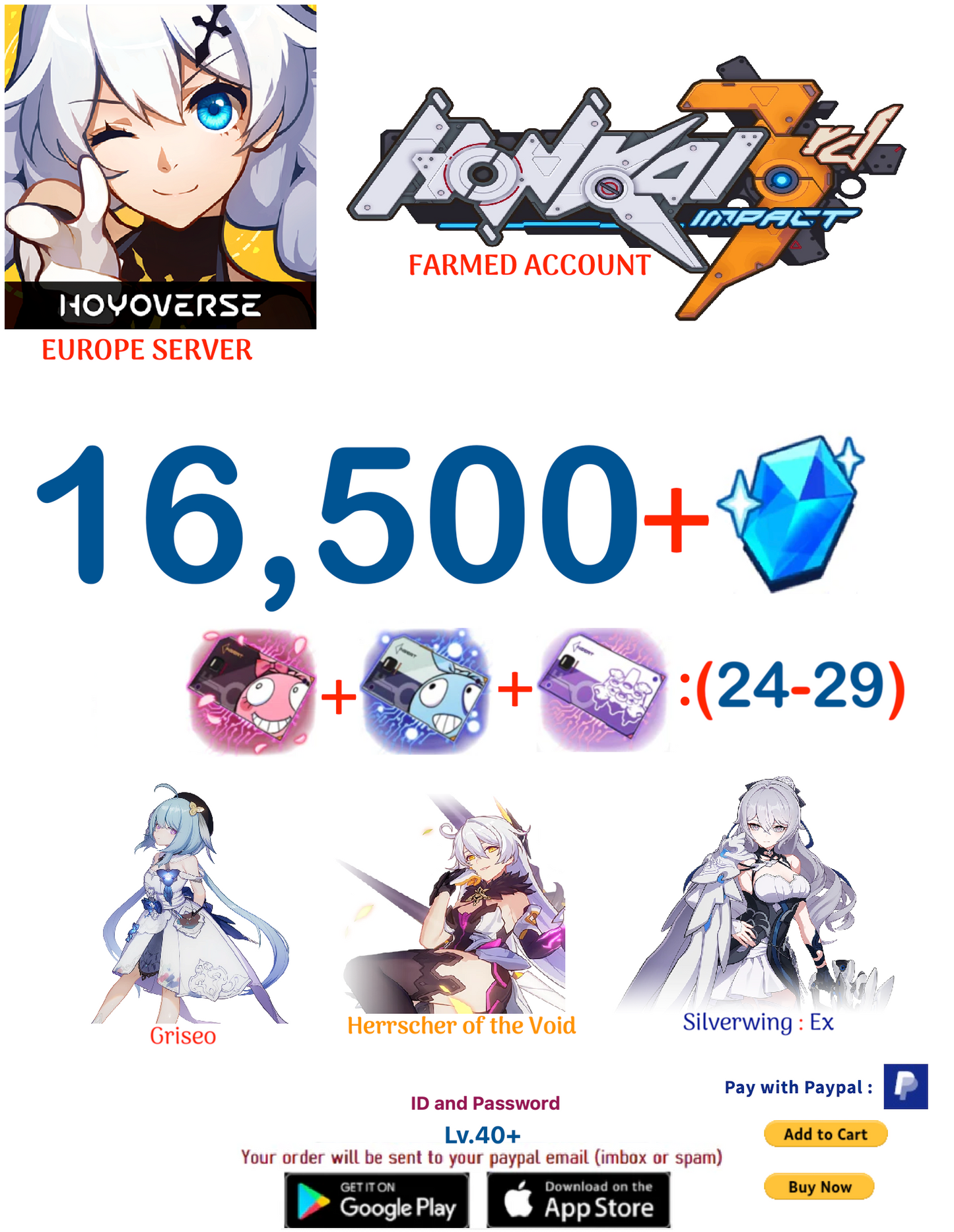 ⭐ Europe Server⭐ Instant Delivery⭐  16,500 Crystals  (20-25) + Supply Cards Honkai Impact 3rd Farmed Account