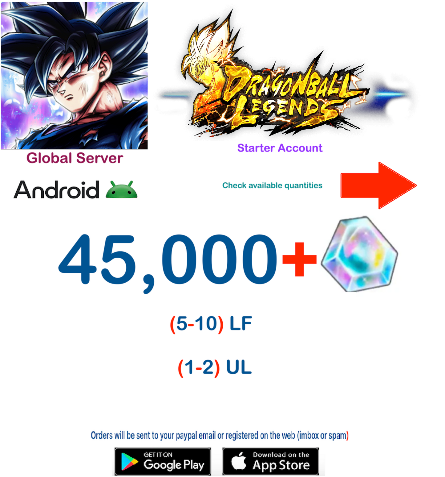 (Global Server)(Android VERSION) 45,000 Crystal   Dragon Ball Legends Starter Account