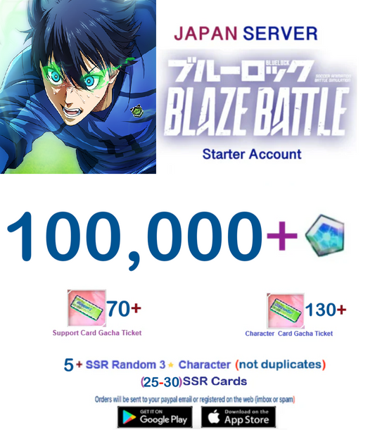 [Japan Server] 100,000 Gems +5SSR  -  BLUE LOCK  BLAZE BATTLE   Starter Account