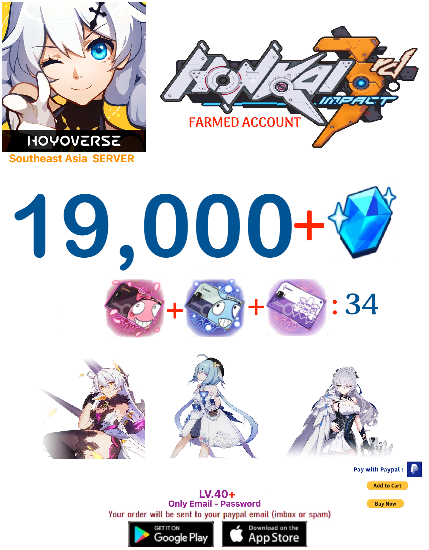 ⭐SouthEast Asia Server⭐ Instant Delivery⭐  19,000 Crystals  34 + Supply Cards Honkai Impact 3rd Farmed Account