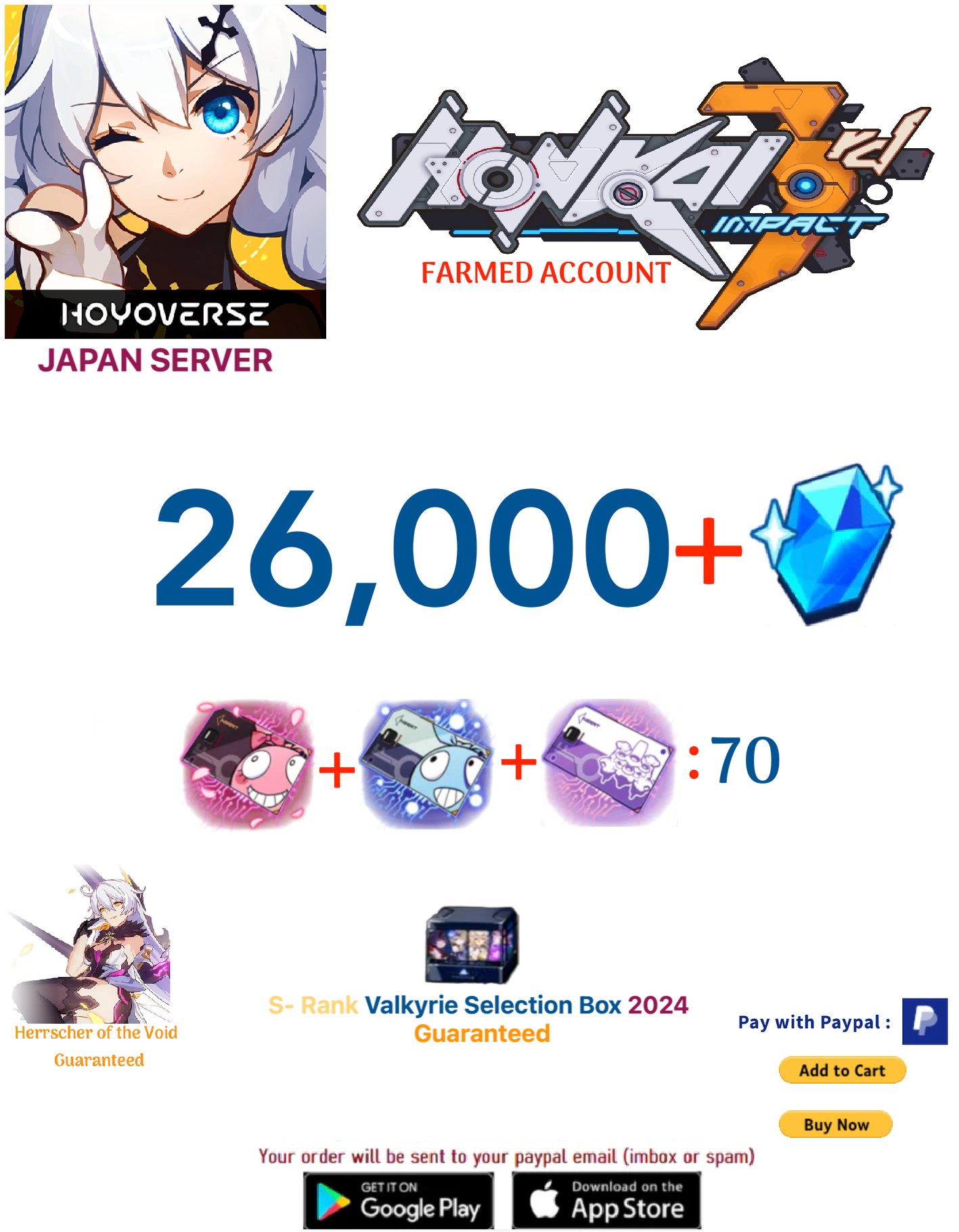 ⭐Japan Server⭐ Instant Delivery⭐  26,000 Crystals  70 + Supply Cards Honkai Impact 3rd Farmed Account