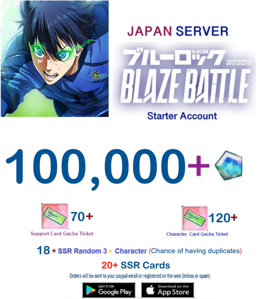 [Japan Server] 100,000Gems +18SSR  -  BLUE LOCK  BLAZE BATTLE   Starter Account