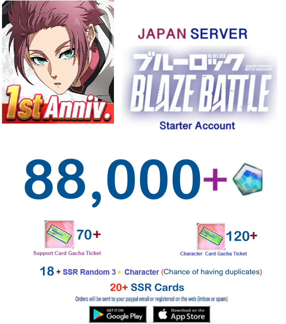 [Japan Server] 88,000Gems +18SSR  -  BLUE LOCK  BLAZE BATTLE   Starter Account
