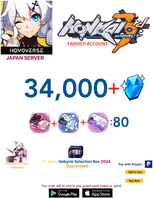 ⭐Japan Server⭐ Instant Delivery⭐  34,000 Crystals  80 + Supply Cards Honkai Impact 3rd Farmed Account