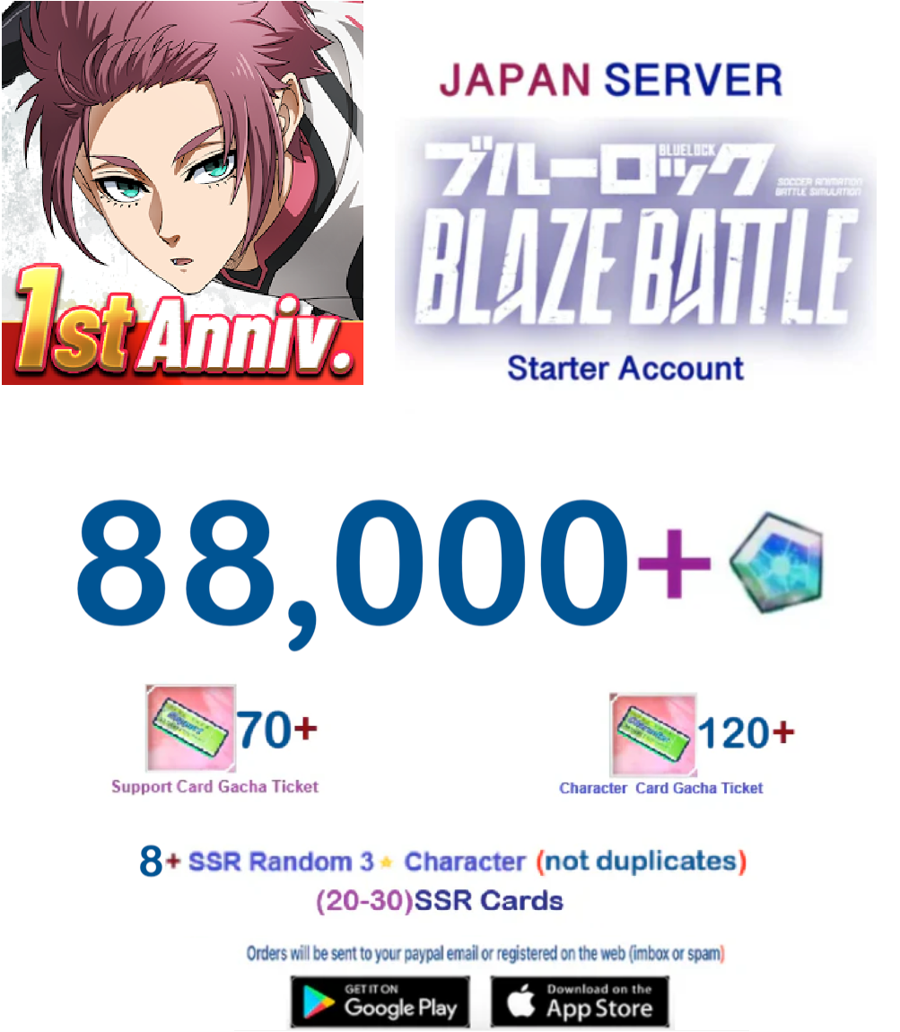 [Japan Server] 88.000 Gems +8SSR  -  BLUE LOCK  BLAZE BATTLE   Starter Account