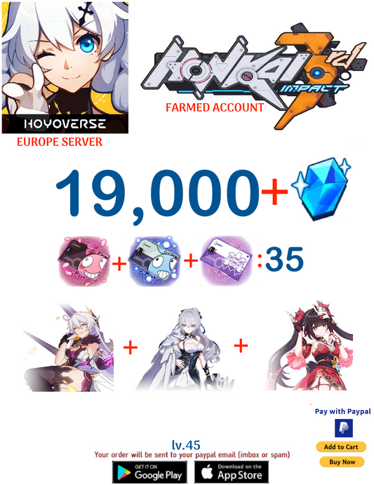 ⭐ Europe Server⭐ Instant Delivery⭐  19,000 Crystals  (35-45) + Supply Cards Honkai Impact 3rd Farmed Account